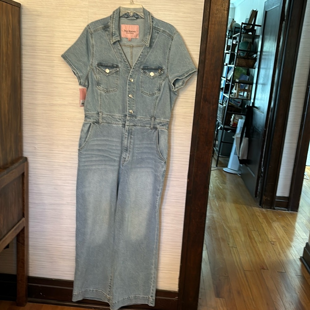 Juicy Couture v neck denim jumpsuit with silver snaps